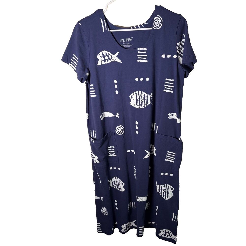 M Mac Dress Women's Large Vermont Country Store Fish Printed Shift Midi Casual